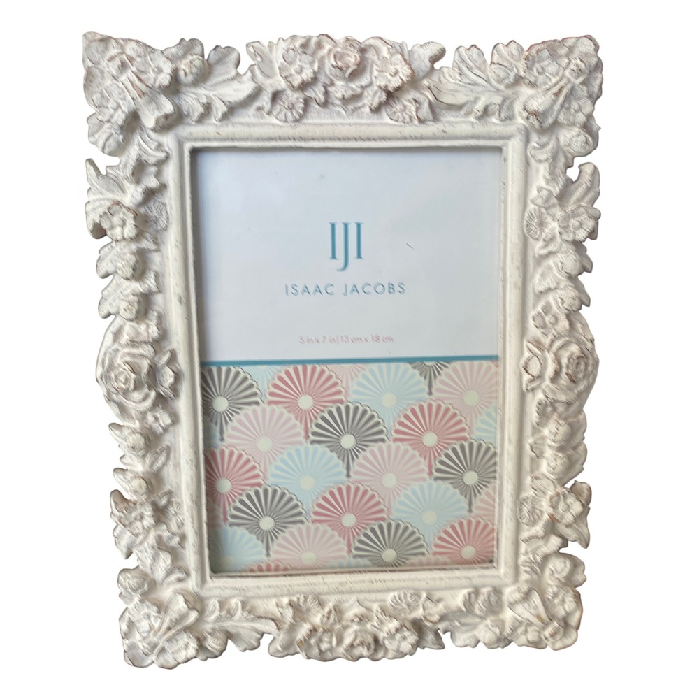 Isaac Jacobs 5x7 Picture Frame Floral Distressed White Shabby Chic Vintage
